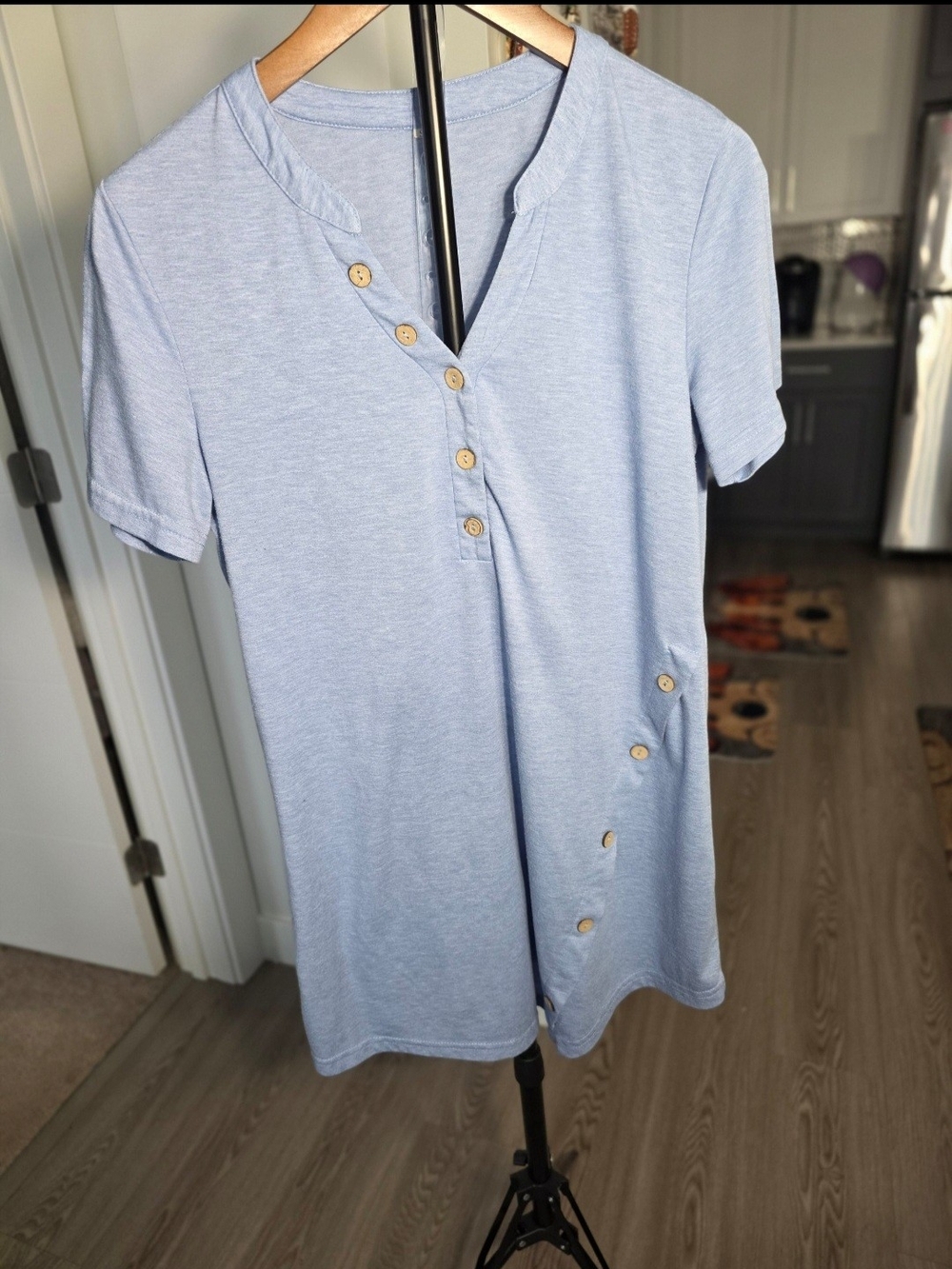 Amazon Light Blue Short Sleeve Henley Top with Wood Buttons